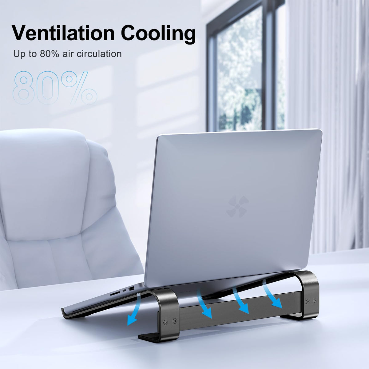 MOKURU in use on desk with laptop demonstrating ergonomic posture benefit