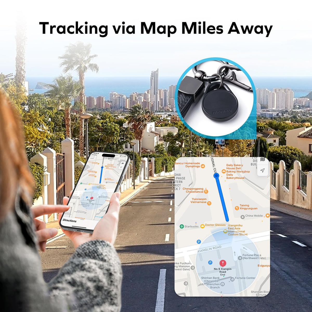MOMAX Air Tracker with open battery compartment showing CR2032 replacement for long life benefit