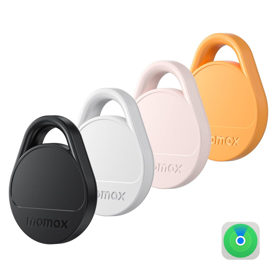 MOMAX Air Tracker front packaging showing the 4‑pack and features for quick identification benefit