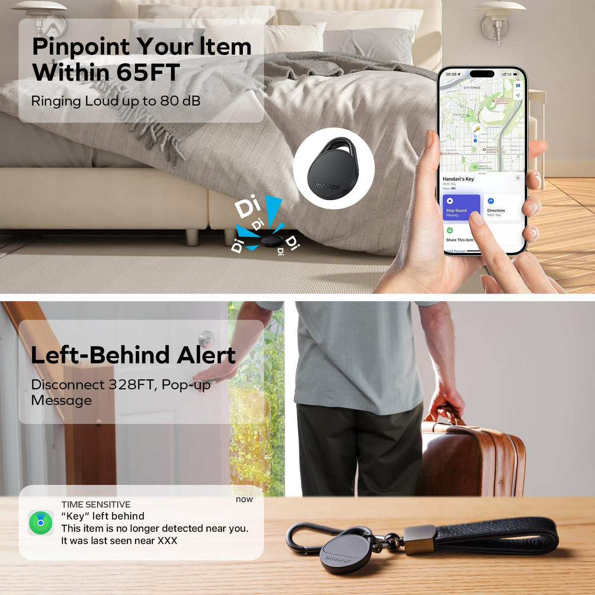 MOMAX Air Tracker attached to a suitcase zipper illustrating travel tracking and peace of mind