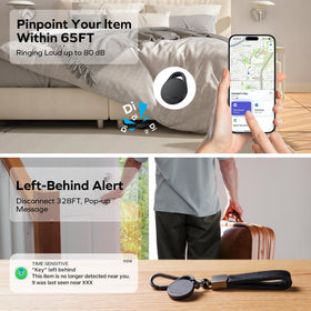 MOMAX Air Tracker attached to a suitcase zipper illustrating travel tracking and peace of mind