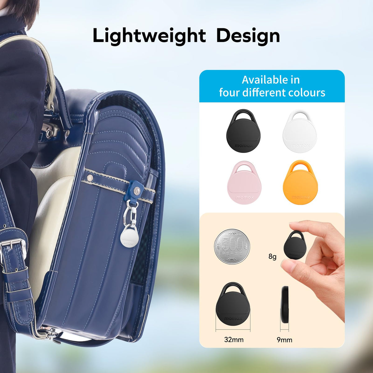 MOMAX Air Tracker beside a keyring to show compact size and effortless portability benefit
