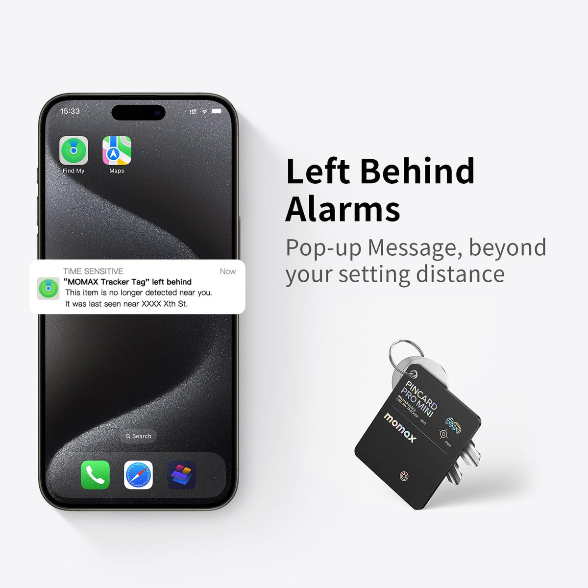MOMAX Wallet Tracker Card encrypted location updates via Apple devices.