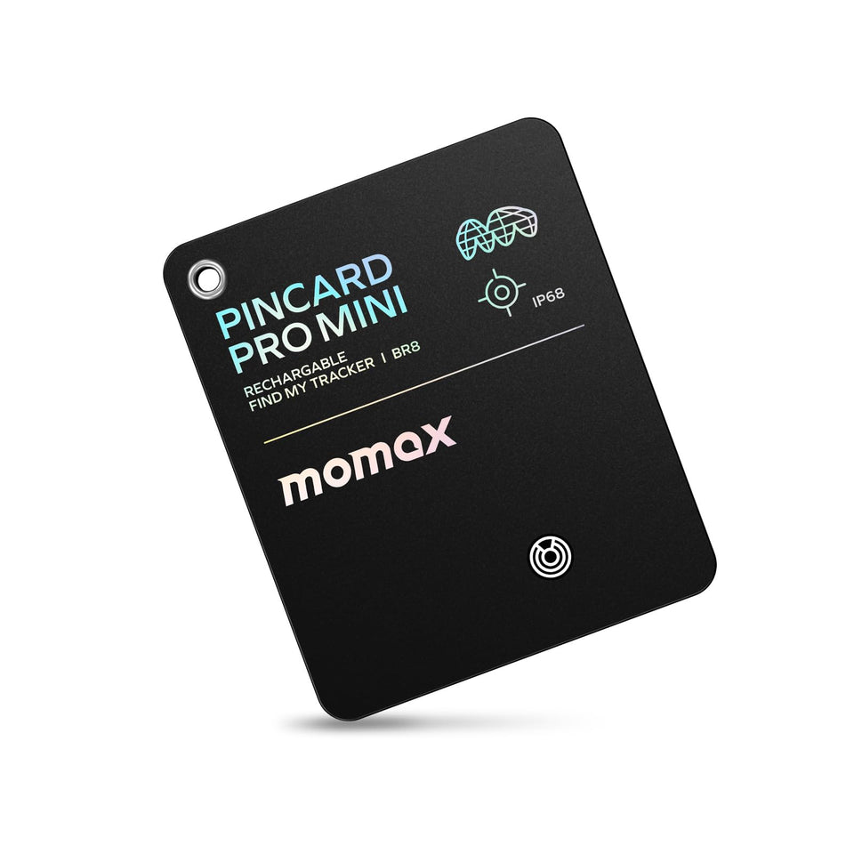 MOMAX Wallet Tracker Card with rechargeable slim profile for easy wallet carry.