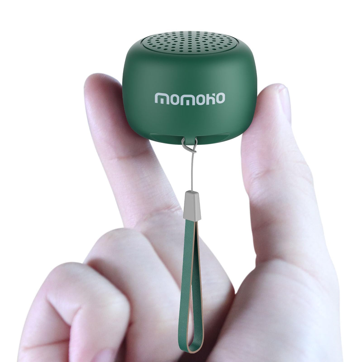 MOMOHO mini Bluetooth speaker demonstrates compact size for pocket travel.