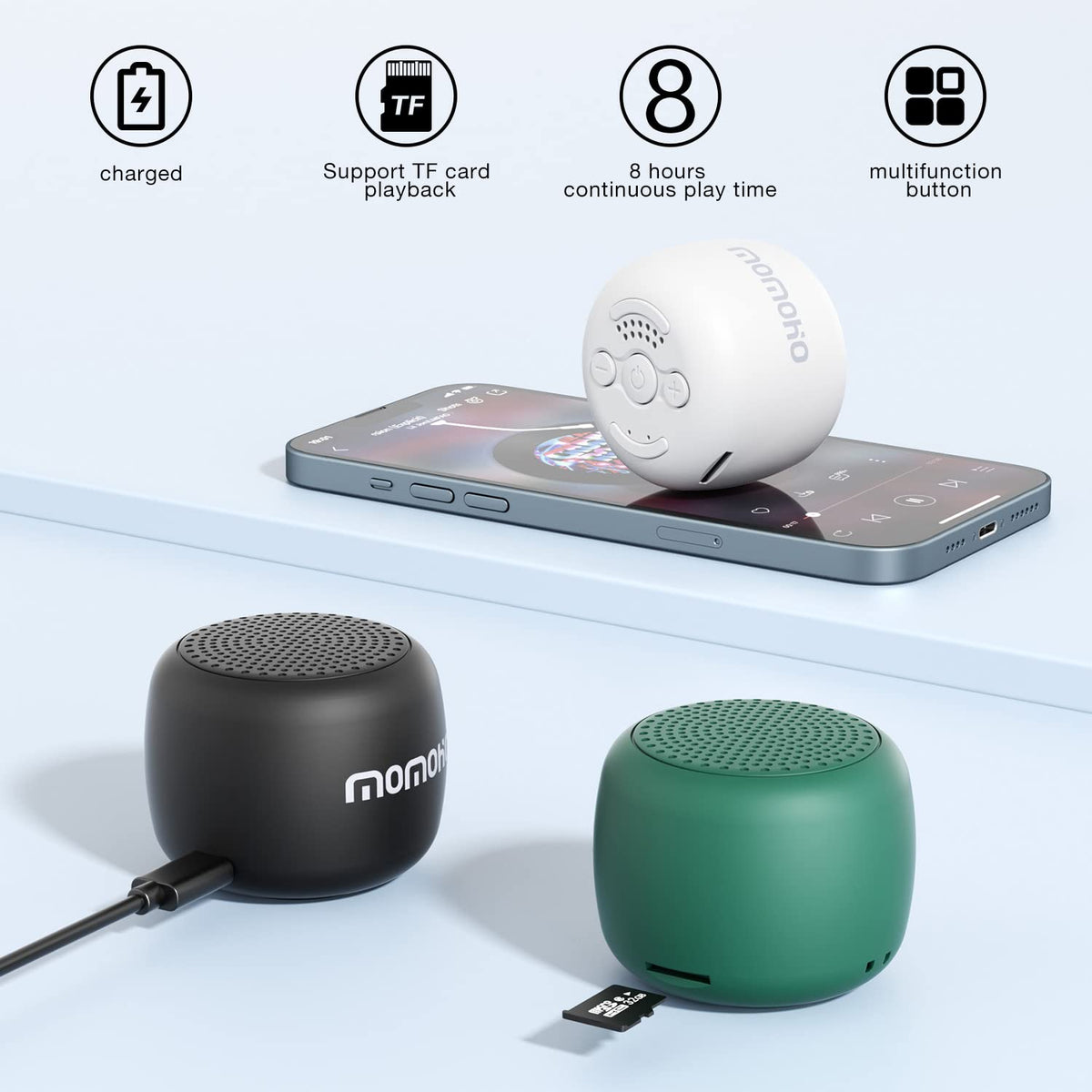 MOMOHO mini Bluetooth speaker packaging shown, a gift-ready design.