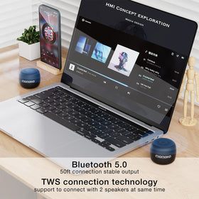 MOMOHO mini Bluetooth speaker side view with built-in mic for hands-free calls.