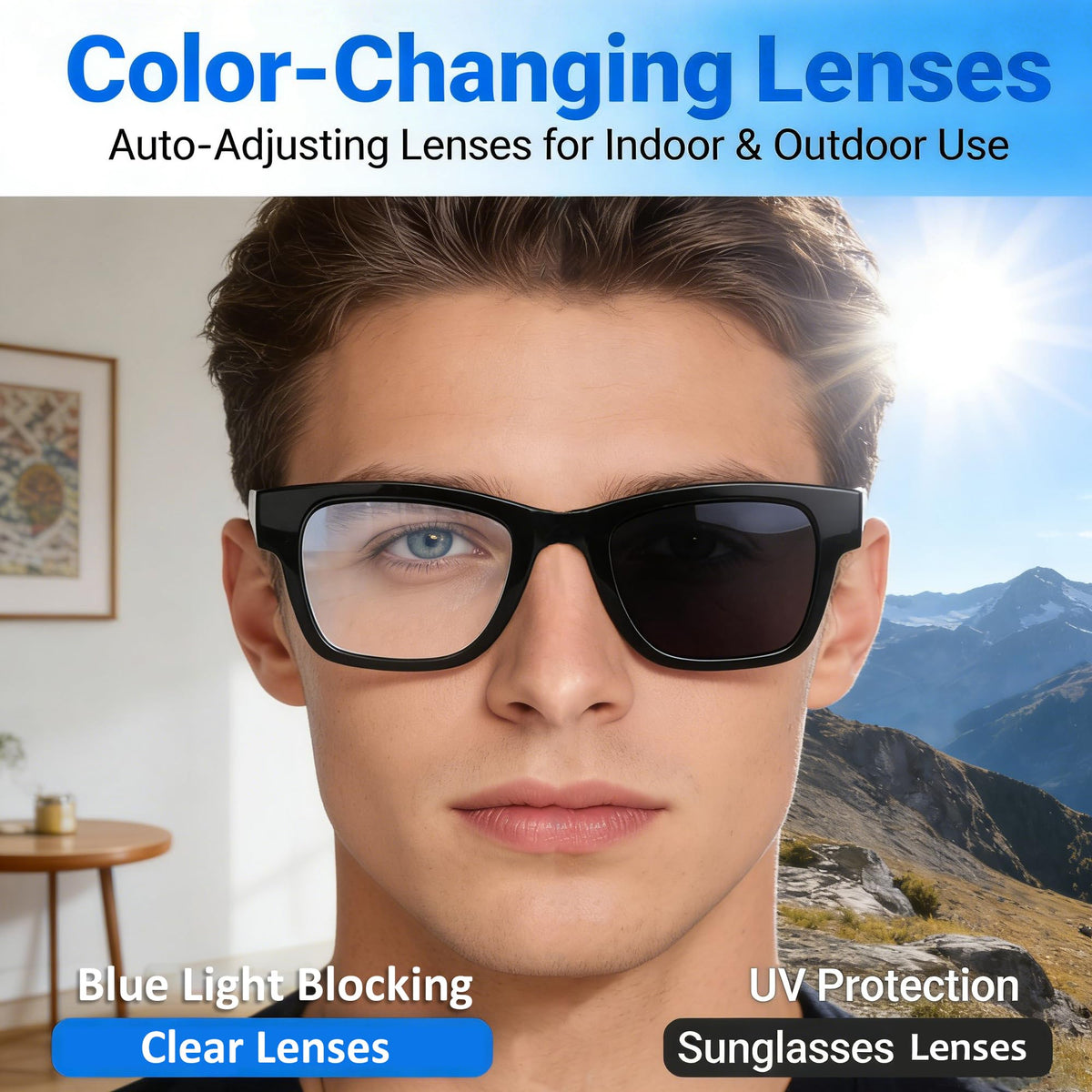 MONFOLROY AI Smart Glasses photochromic lenses adapt to light for comfort.