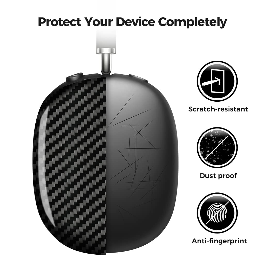 MONOCARBON carbon fiber AirPods Max cover shows matte twill weave texture.