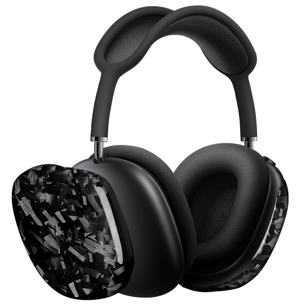 MONOCARBON real carbon fiber case for AirPods Max front view showing premium weave and precise fit.
