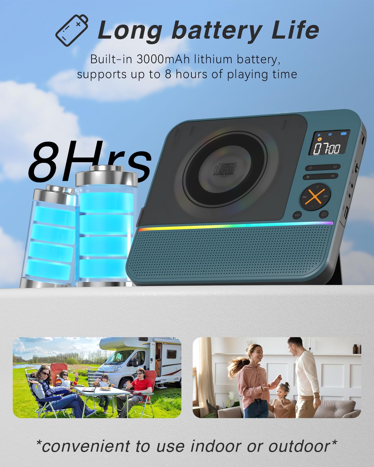 Built-in 3000mAh battery for hours of portable use.