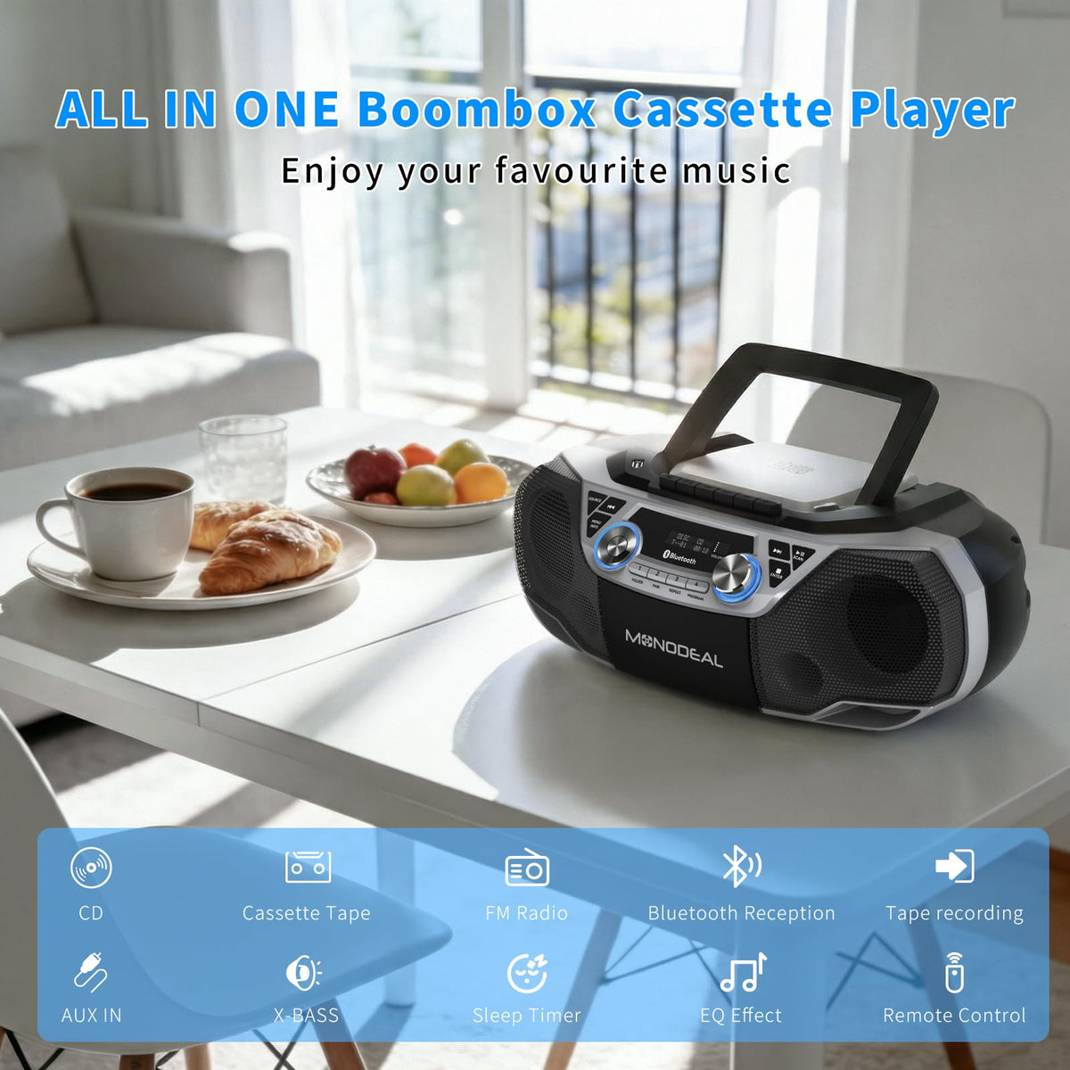 MONODEAL control panel and display with easy to press buttons for quick playback.