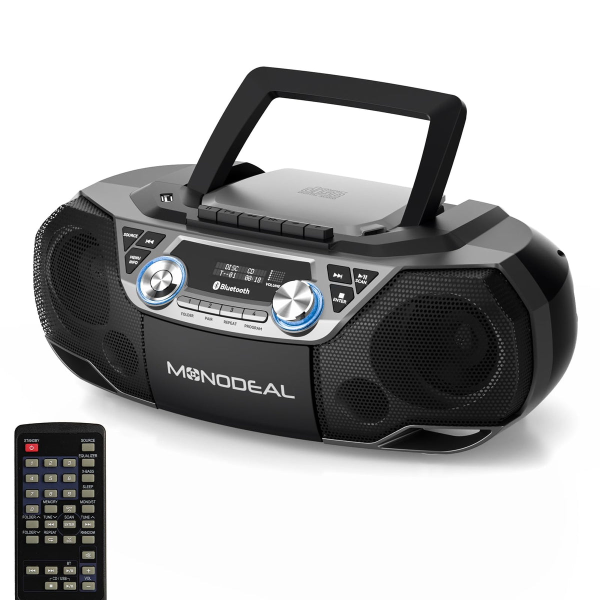 MONODEAL front view of the cd-cassette boombox with dual speakers for immersive home listening.