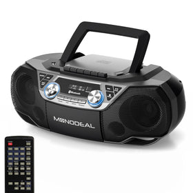 MONODEAL front view of the cd-cassette boombox with dual speakers for immersive home listening.