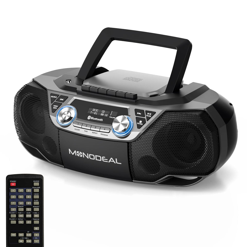 MONODEAL front view of the cd-cassette boombox with dual speakers for immersive home listening.
