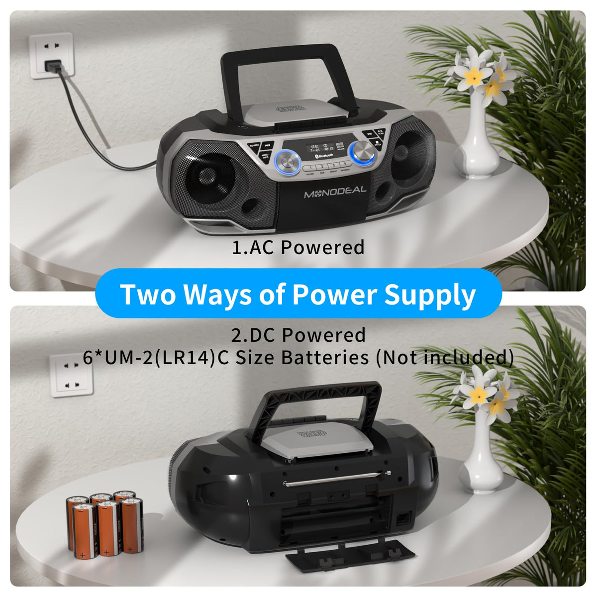 MONODEAL dual-power setup with AC adapter and battery option.