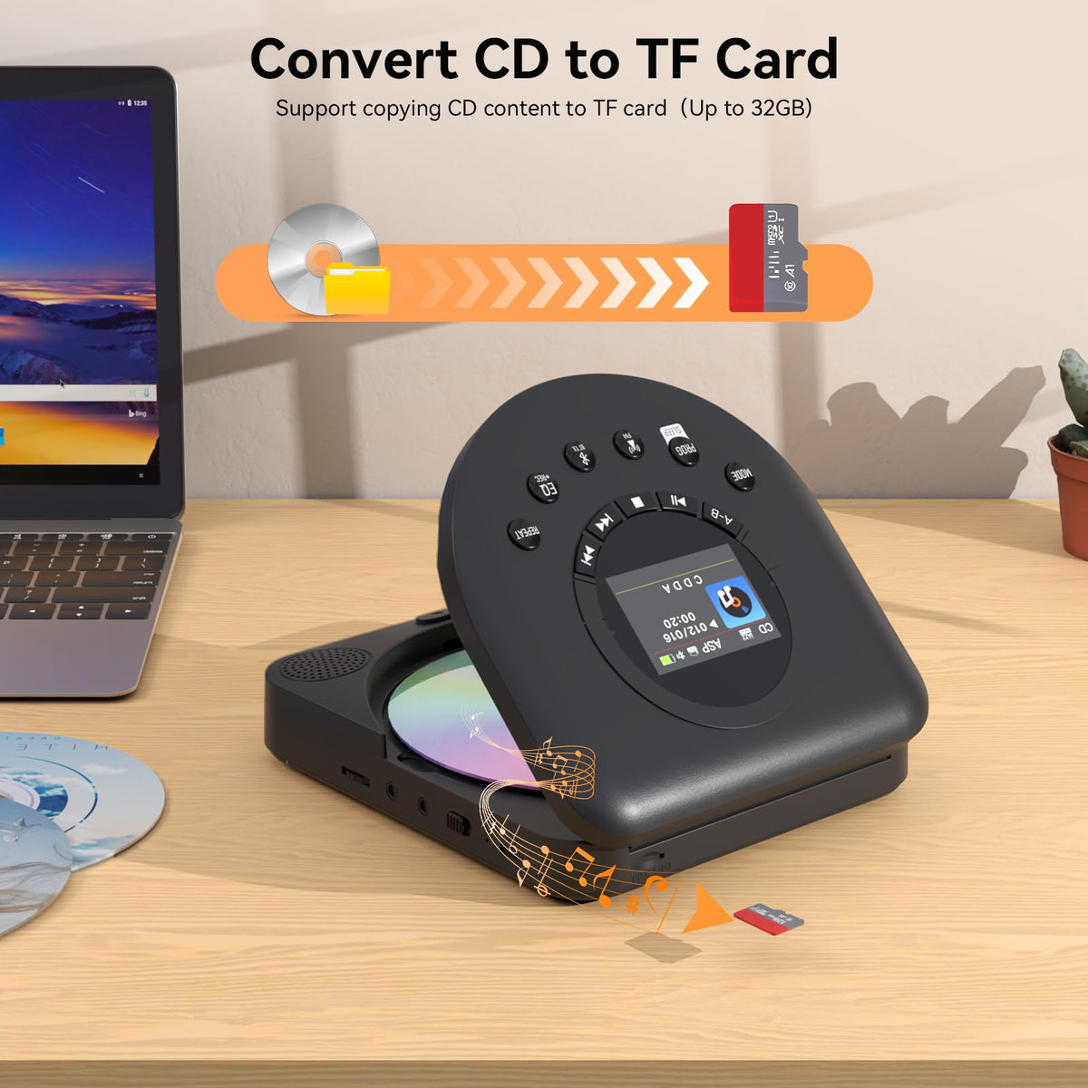 MONODEAL portable CD player with Bluetooth audio versatility for wireless listening