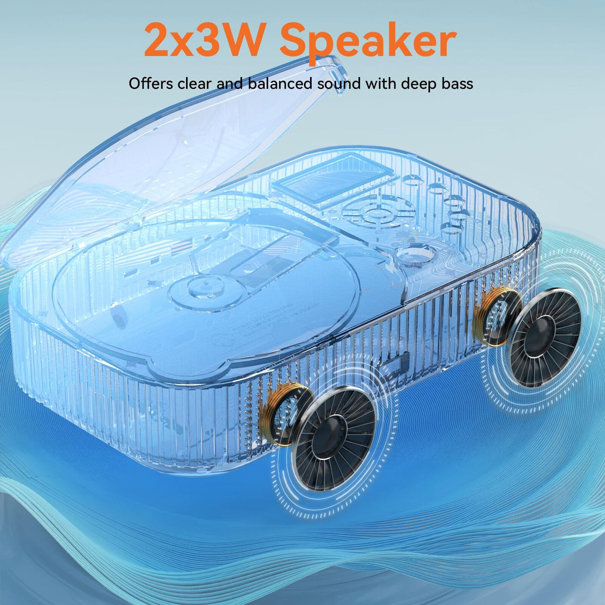 MONODEAL portable CD player side view highlighting dual speakers for wide sound.