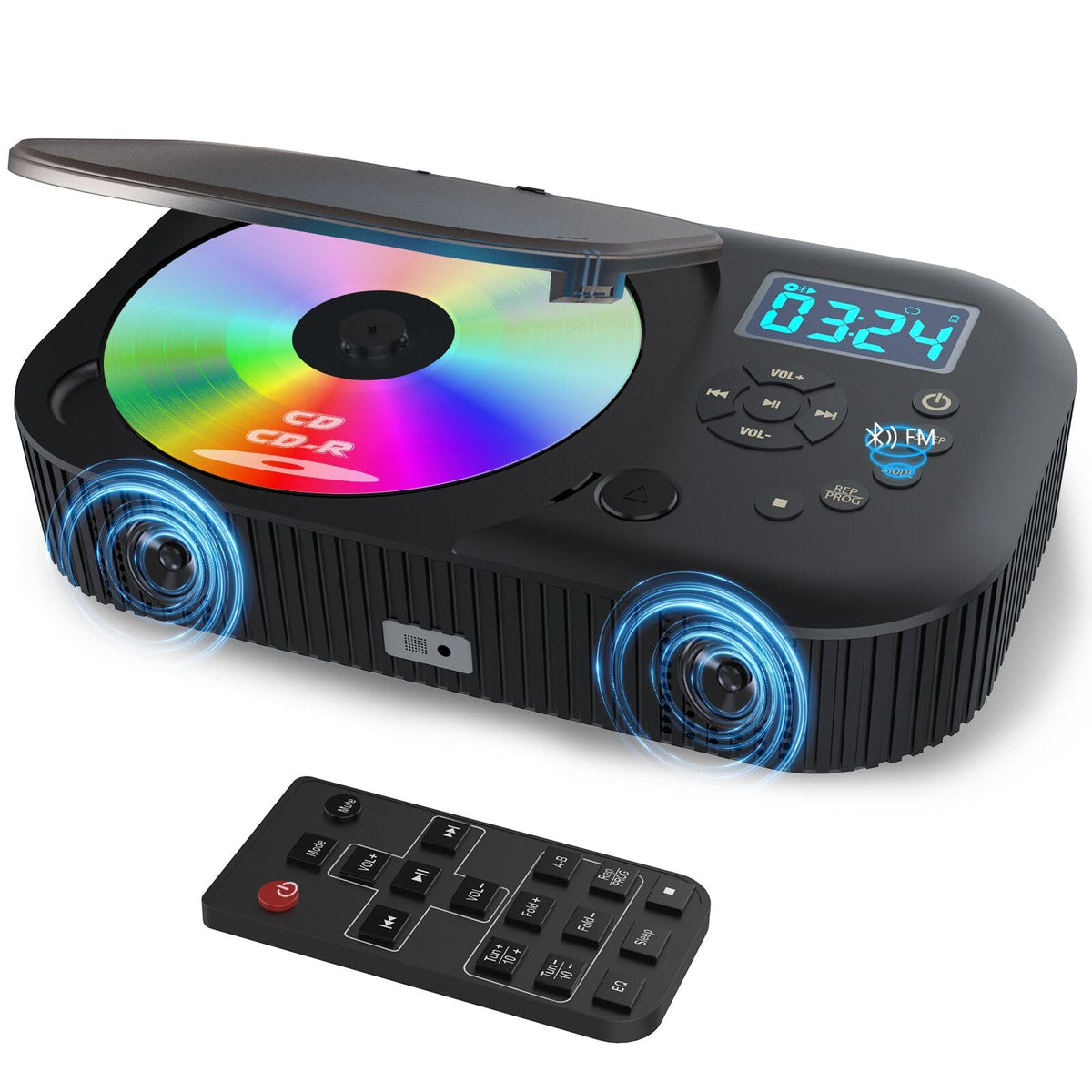 MONODEAL portable CD player front view with dual speakers delivering rich sound.