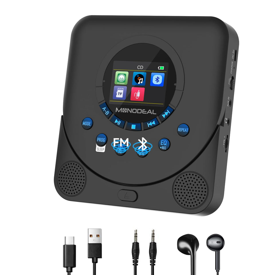 MONODEAL portable CD player front view with dual speakers for immersive audio