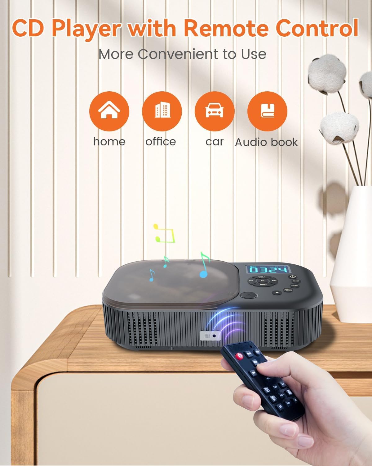MONODEAL portable CD player placed in a cozy living room for home listening.