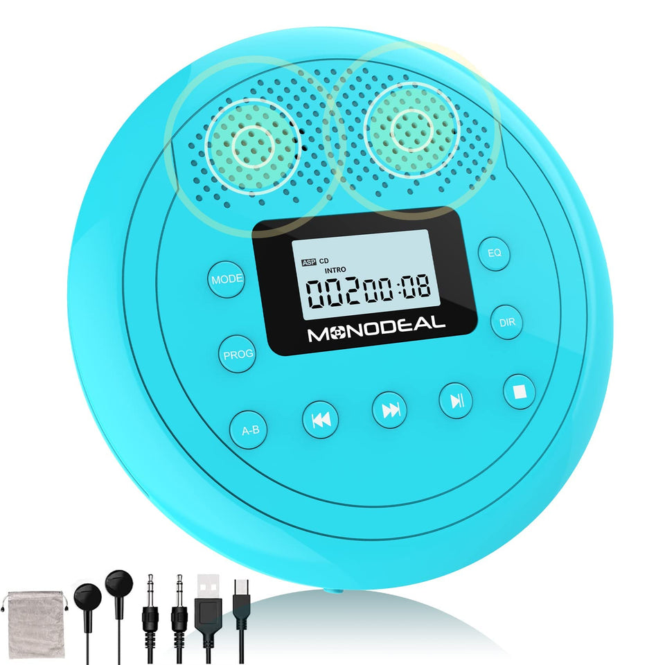 MONODEAL cyan-blue front view showing controls and built-in speakers for easy setup