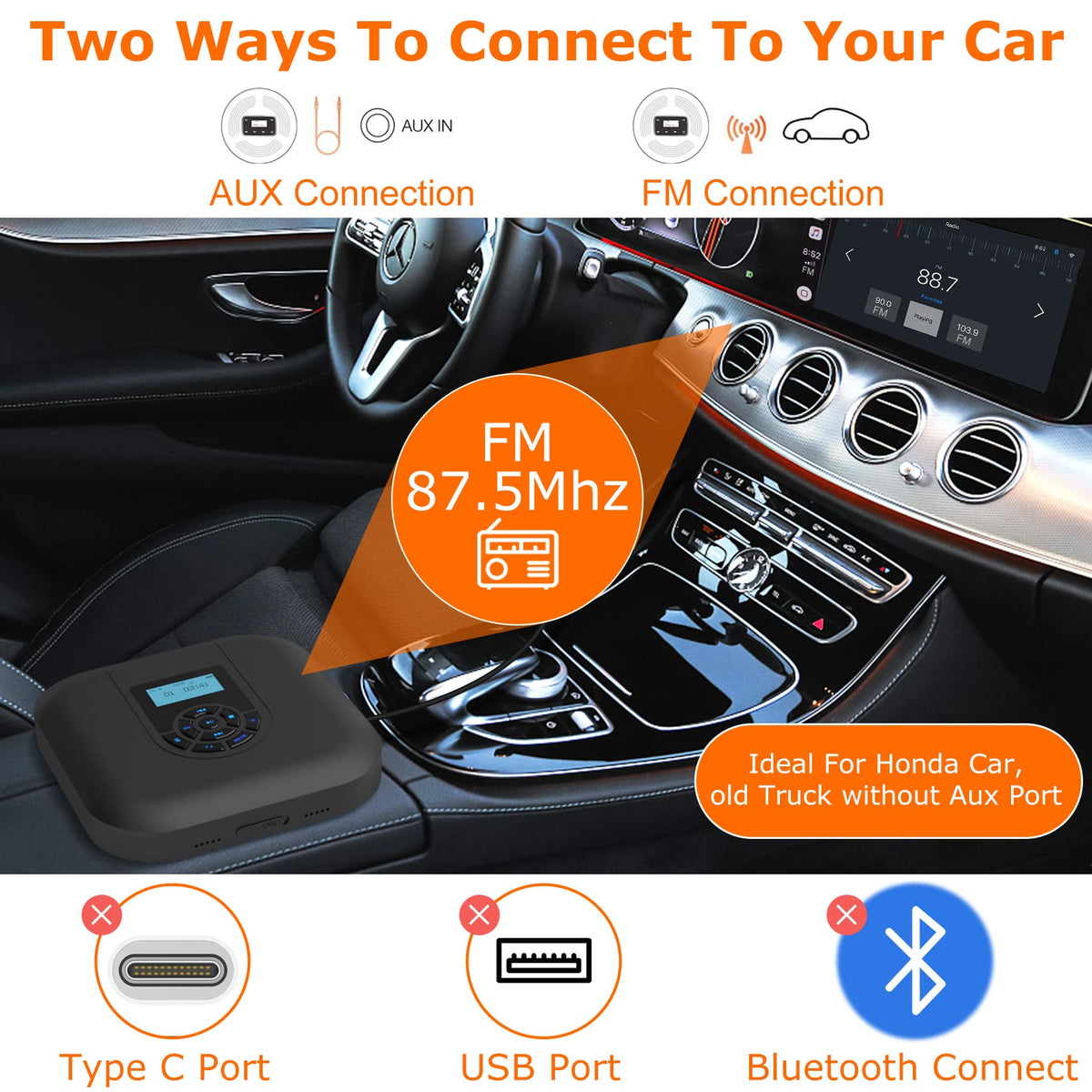 MONODEAL built-in FM transmitter enables car listening via selected FM frequencies.
