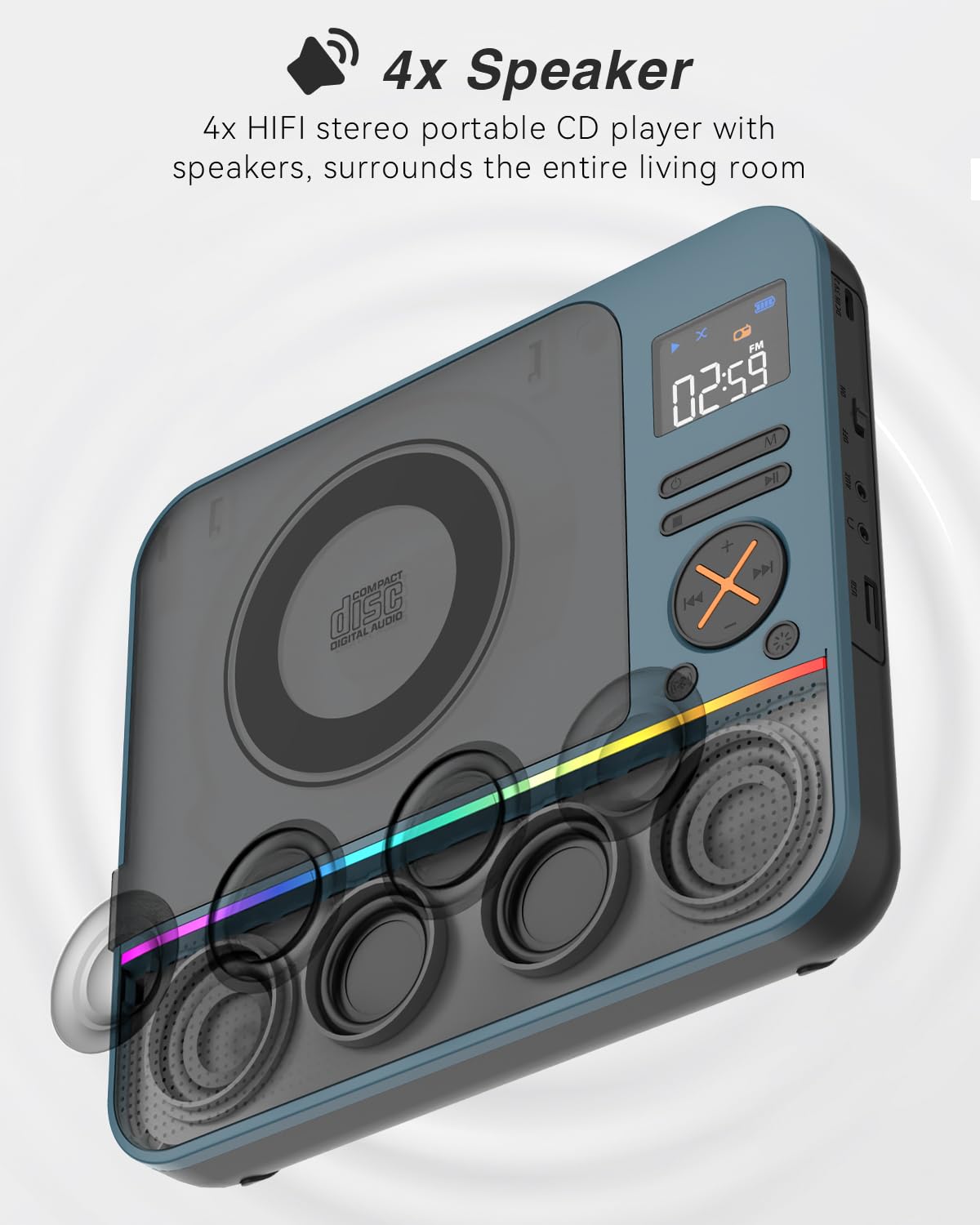 Large LCD display for easy mode and track selection.