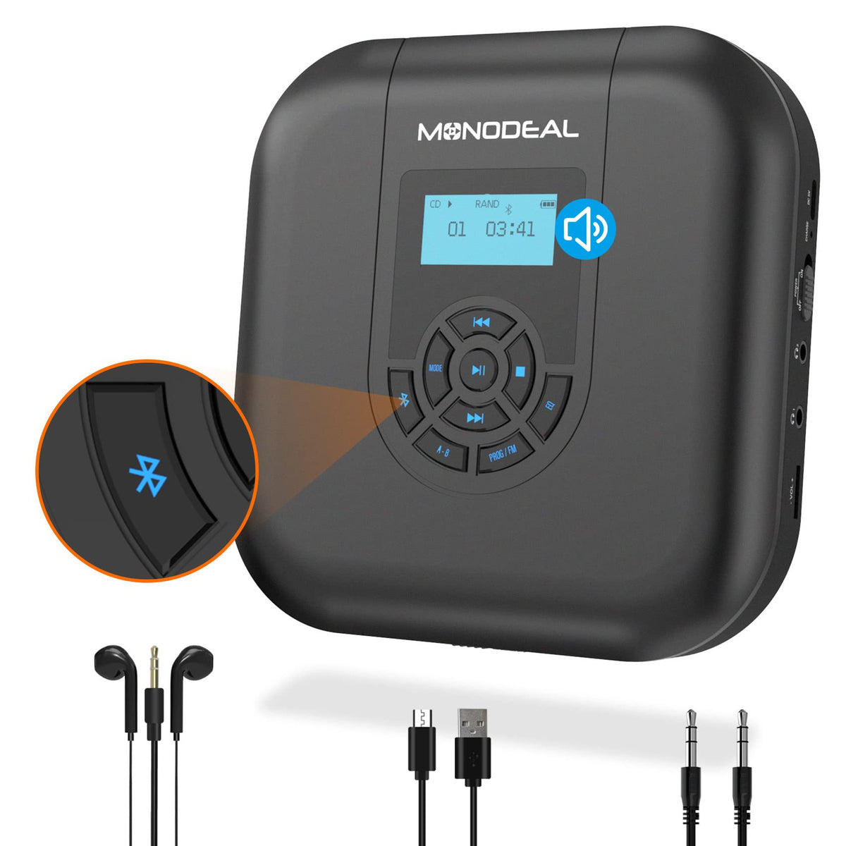MONODEAL portable Bluetooth CD player with compact body for wireless music on the go.