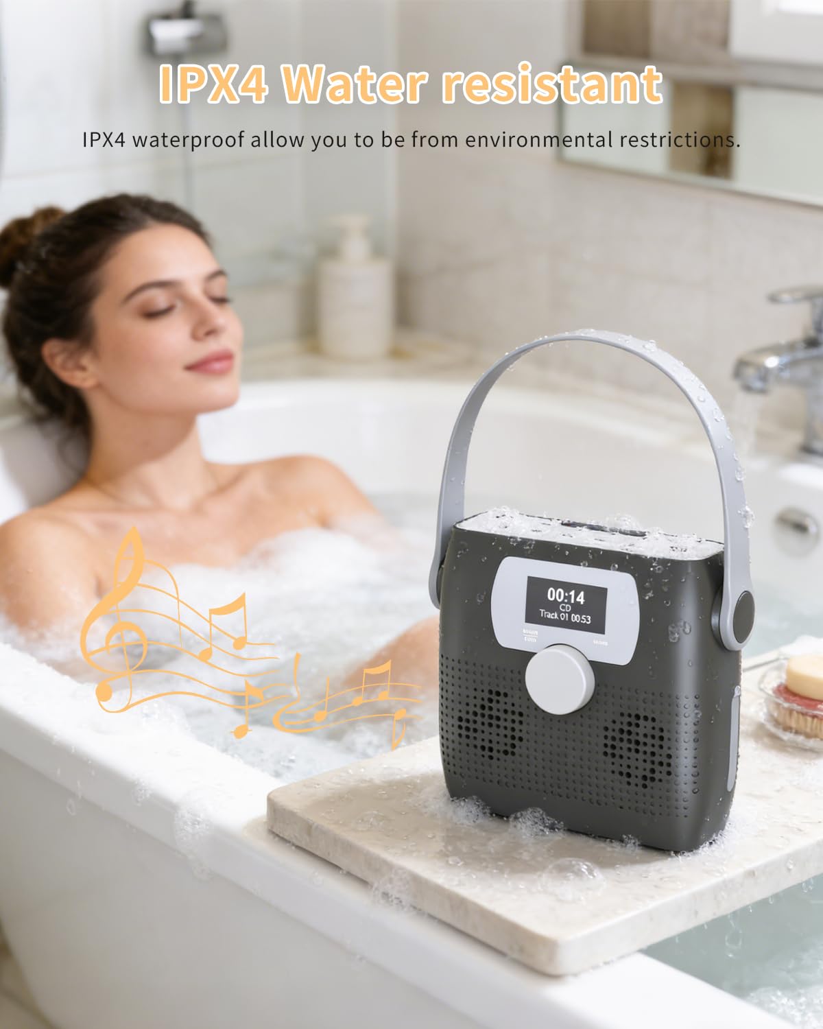 MONODEAL portable radio with handle ideal for camping and travel.
