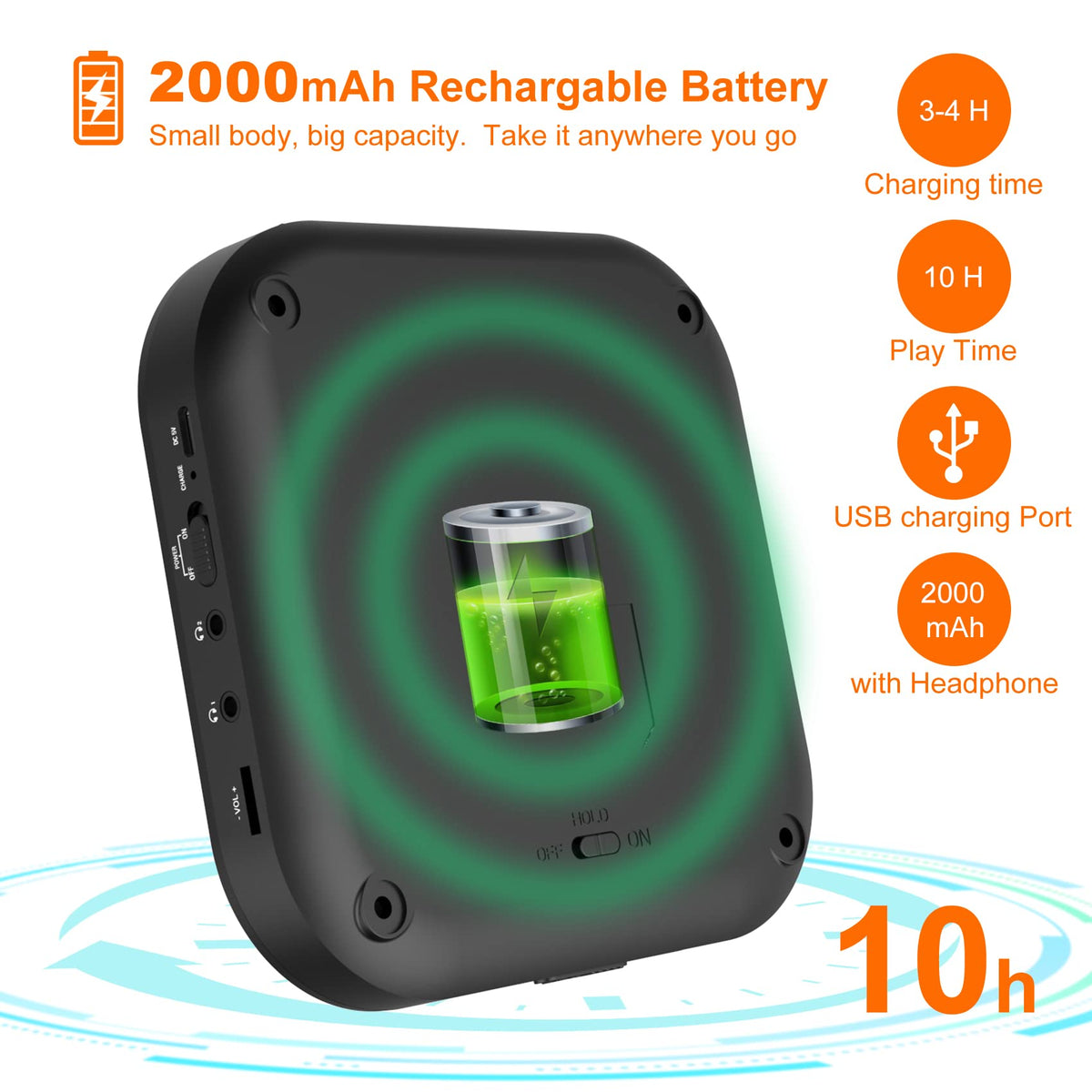 MONODEAL 2000mAh rechargeable battery powers up to 10 hours of playback.
