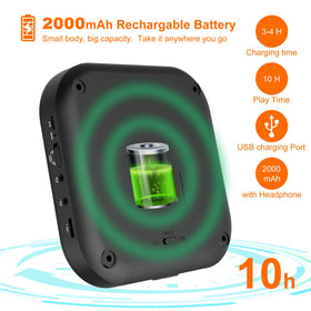 MONODEAL 2000mAh rechargeable battery powers up to 10 hours of playback.