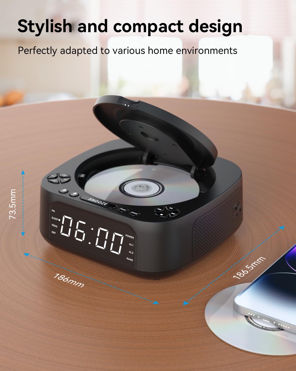 MONODEAL next to smartphone to demonstrate size and wireless charging