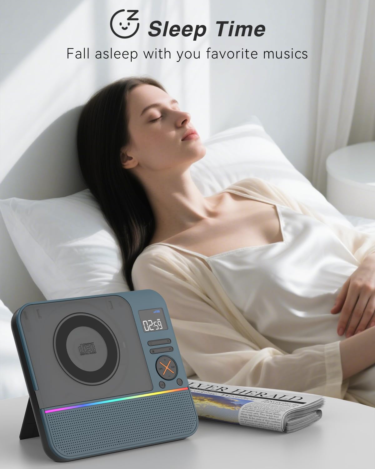 Sleep timer feature for auto-off after set minutes.