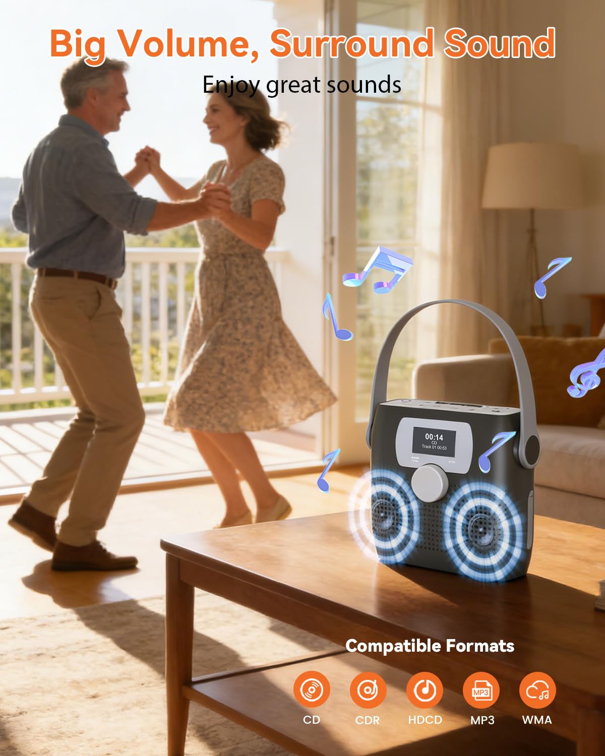 MONODEAL stereo speakers delivering clear, room-filling sound for outdoor activities.