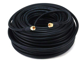 Monoprice 100ft RG6 coaxial cable front view showing connectors and cable for reliable connections