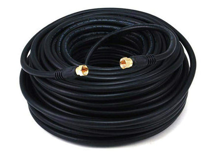 Monoprice 100ft RG6 coaxial cable front view showing connectors and cable for reliable connections