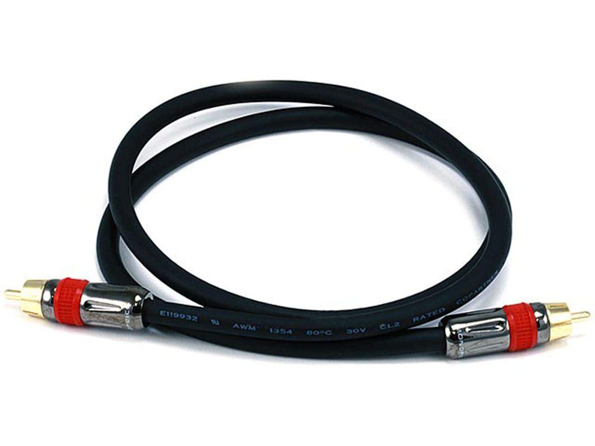 Monoprice 102681 RG6 coaxial cable with gold-plated RCA connectors for clear audio signals.