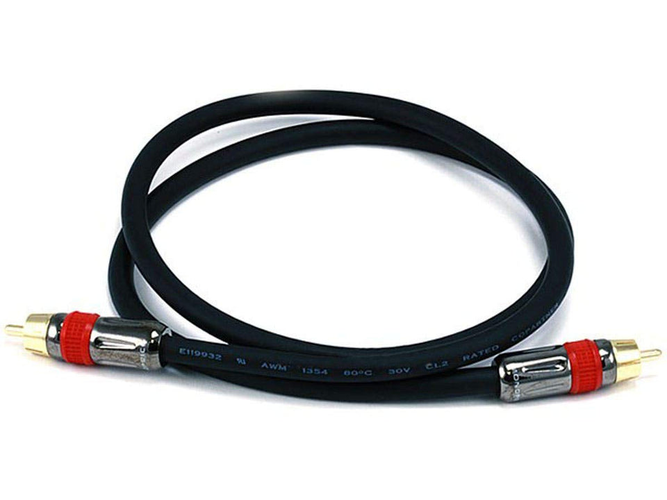 Monoprice 102681 RG6 coaxial cable with gold-plated RCA connectors for clear audio signals.
