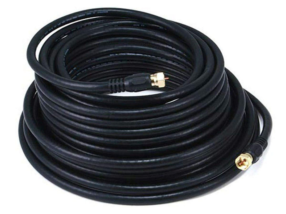Monoprice 103034 RG6 quad shield coaxial cable in black for strong signal transfer.