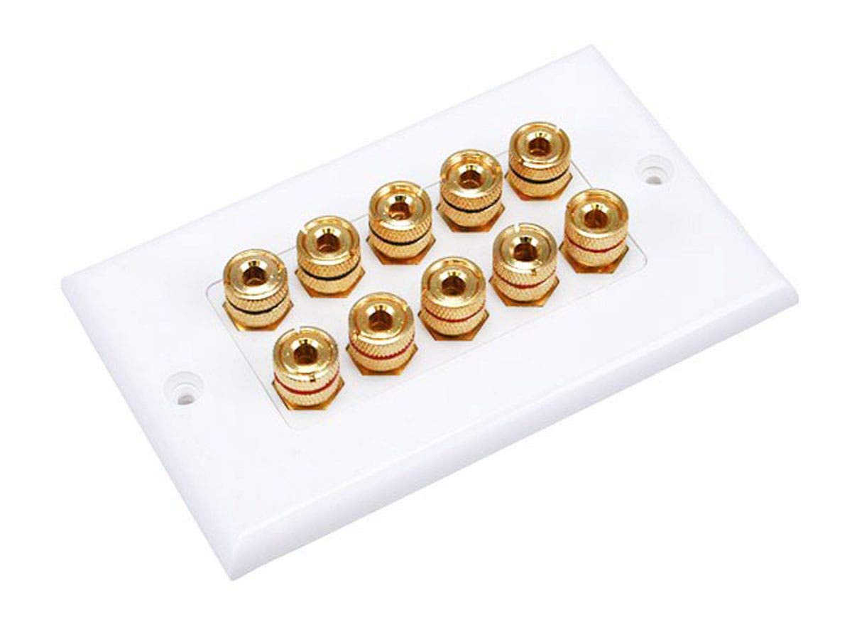 Monoprice front view wall plate showing five gold binding posts for tidy speaker hookups