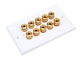 Monoprice front view wall plate showing five gold binding posts for tidy speaker hookups