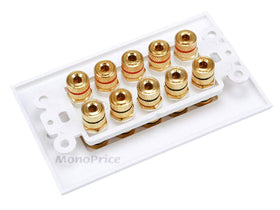 Monoprice rear closeup of gold-plated binding posts showing easy back termination