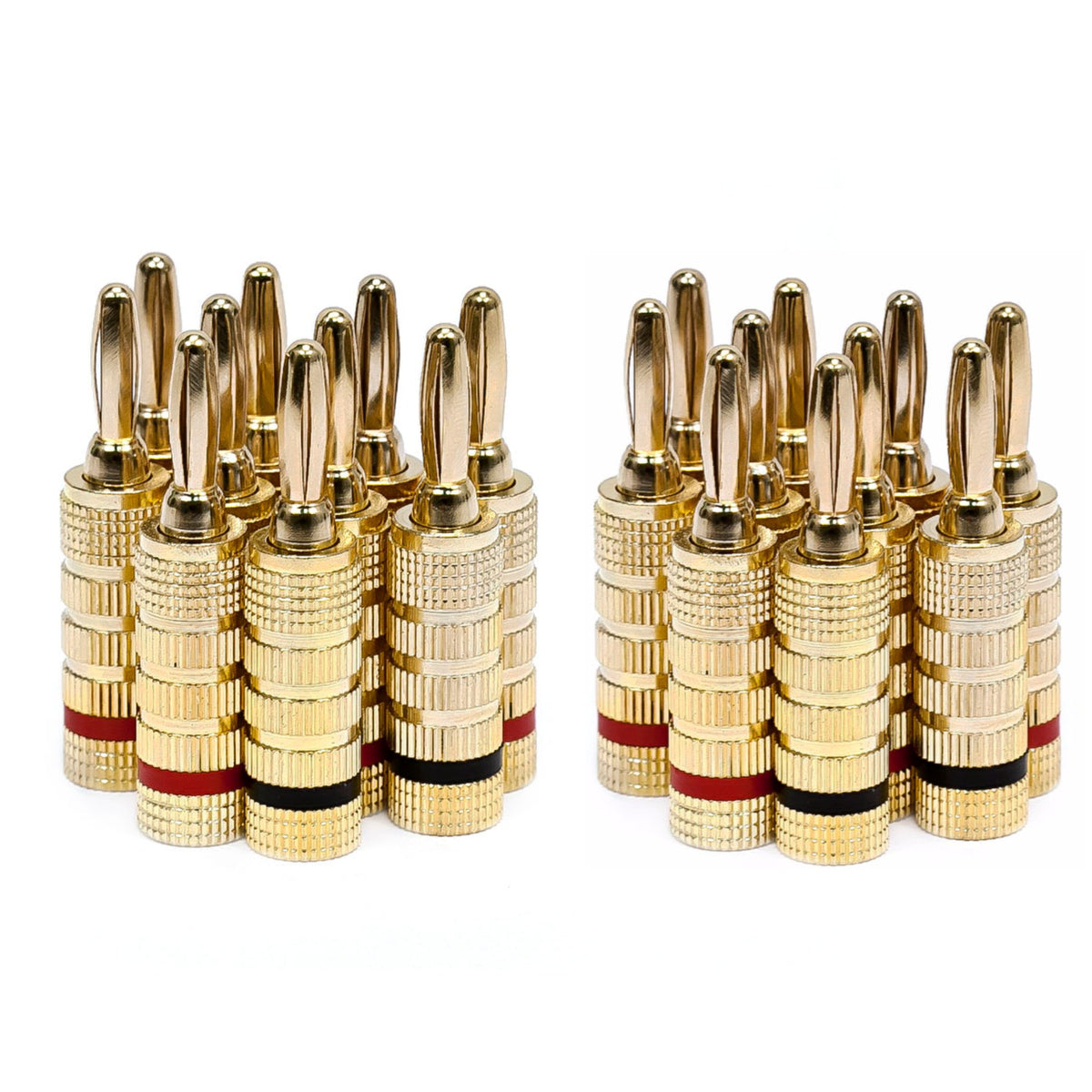 Monoprice 121820 gold-plated banana plugs with closed screw design for secure speaker connections.