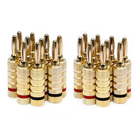 Monoprice 121820 gold-plated banana plugs with closed screw design for secure speaker connections.
