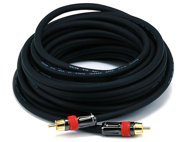 Monoprice 25ft coaxial cable front packaging showing length and CL2 safety