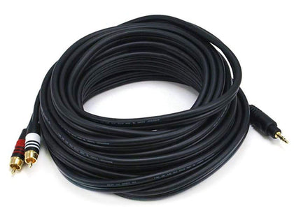 Monoprice front view showing 3.5mm to two RCA connectors and secure fit benefit