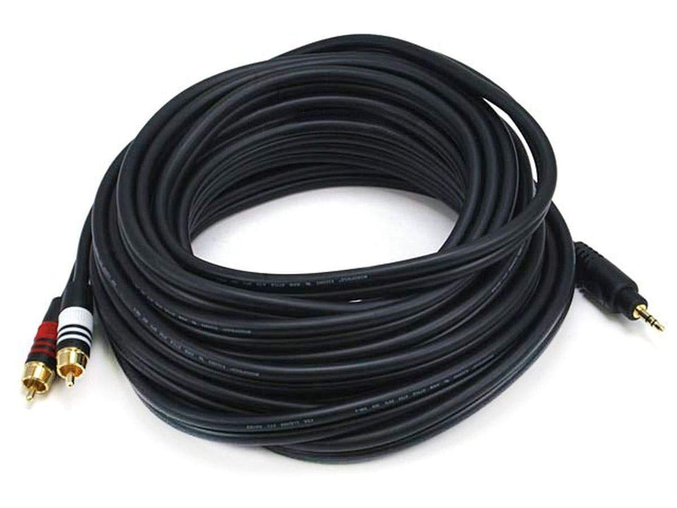 Monoprice front view showing 3.5mm to two RCA connectors and secure fit benefit