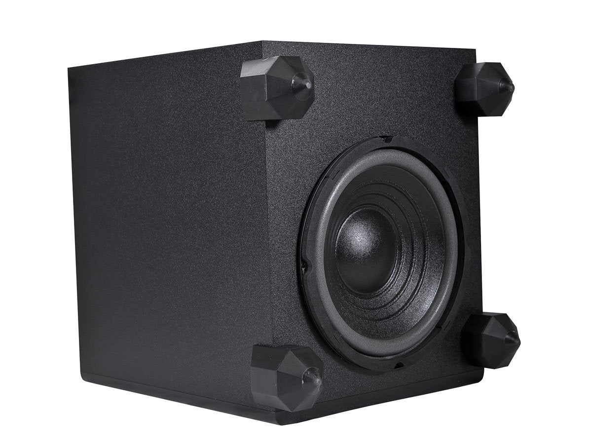 Monoprice 5.1 center speaker close-up showing shielded mid-range cones for clear dialogue.