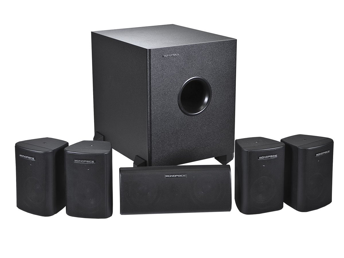 Monoprice 5.1 satellite front view with black finish for immersive room-filling sound.